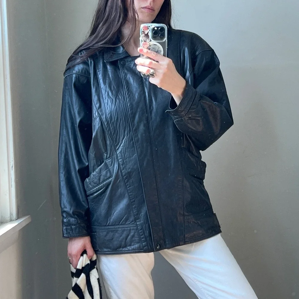 Vintage 80s Leather Jacket Black Biker Moto Dolman Sleeve Batwing Oversized USA